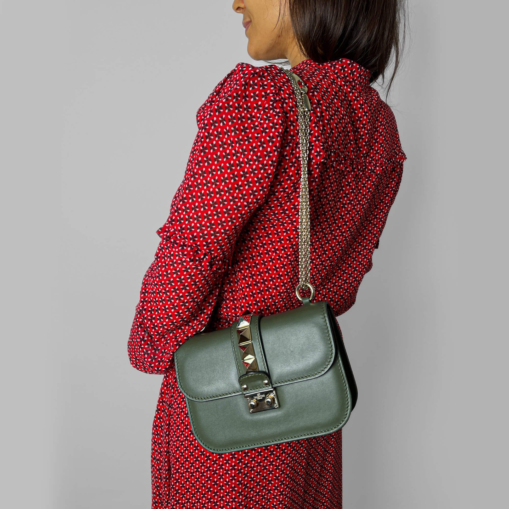 Second hand Valentino Garavani Rockstud Glam Lock Small Calfskin Leather Flap Shoulder Bag Military Green - Tabita Bags