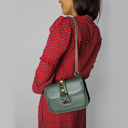 Second hand Valentino Garavani Rockstud Glam Lock Small Calfskin Leather Flap Shoulder Bag Military Green - Tabita Bags