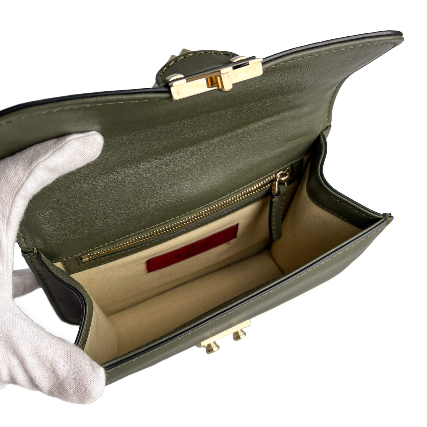 Second hand Valentino Garavani Rockstud Glam Lock Small Calfskin Leather Flap Shoulder Bag Military Green - Tabita Bags