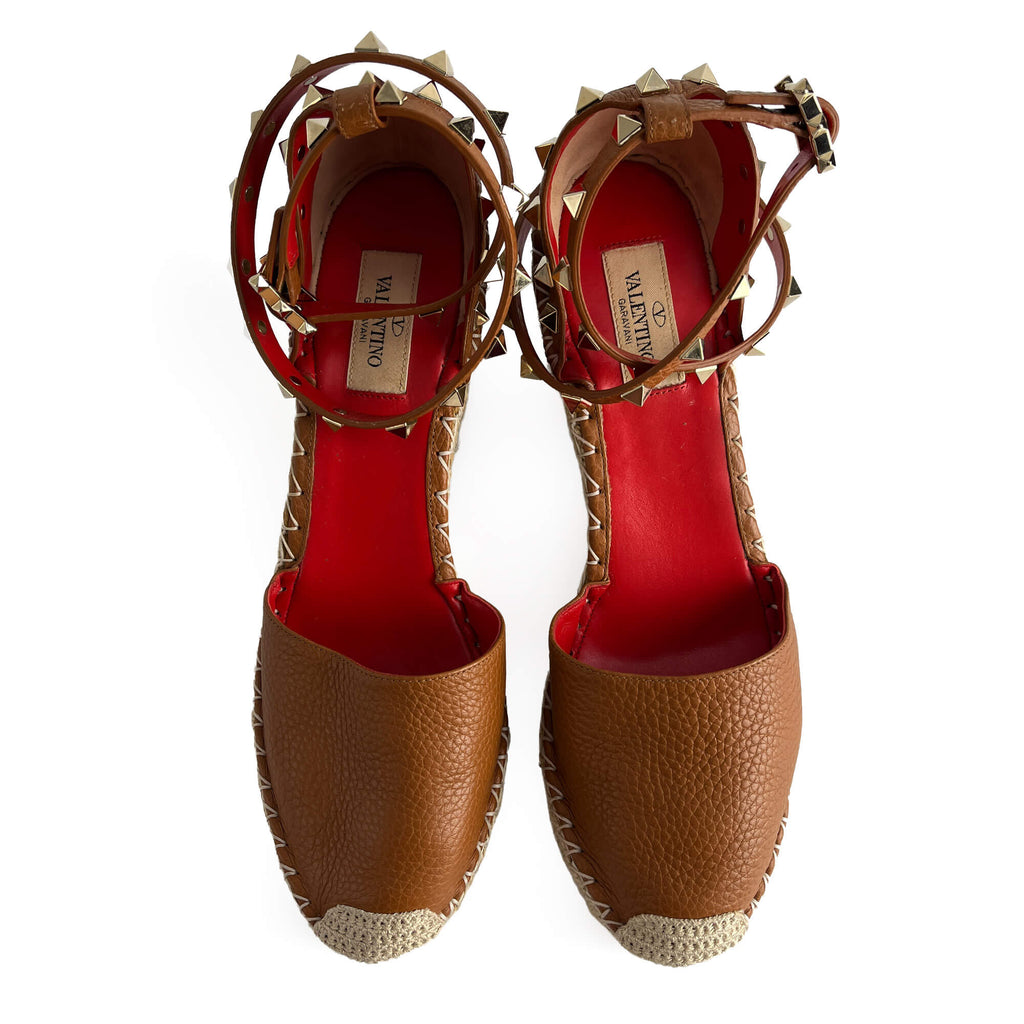 Second hand Valentino Garavani Rockstud Leather Straps Espadrille Sandals 40 Caramel - Tabita Bags