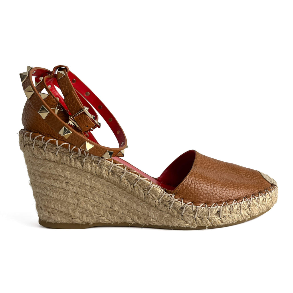 Second hand Valentino Garavani Rockstud Leather Straps Espadrille Sandals 40 Caramel - Tabita Bags