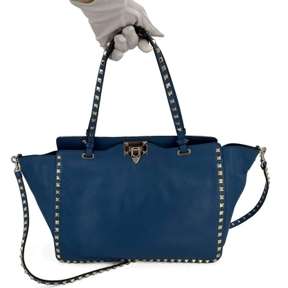 Second hand Valentino Garavani Rockstud Medium Calfskin Leather 2 - Ways Tote Bag Blue - Tabita Bags