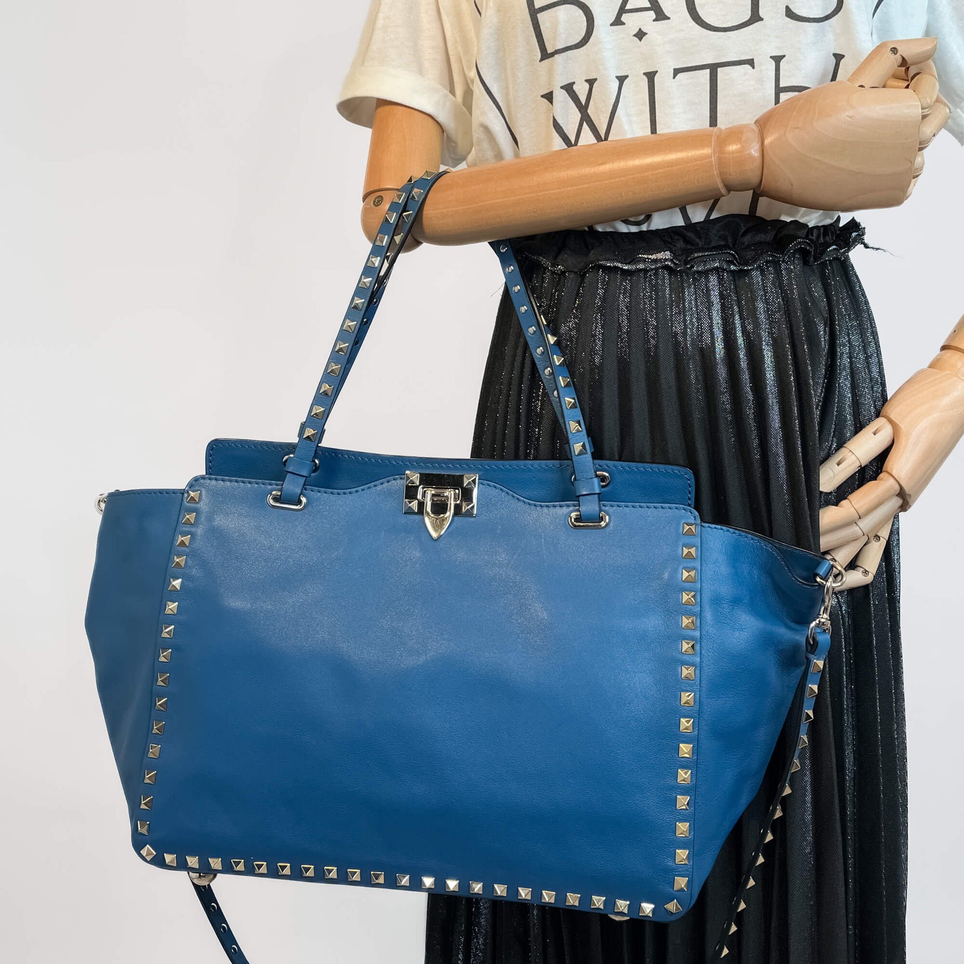 Second hand Valentino Garavani Rockstud Medium Calfskin Leather 2 - Ways Tote Bag Blue - Tabita Bags