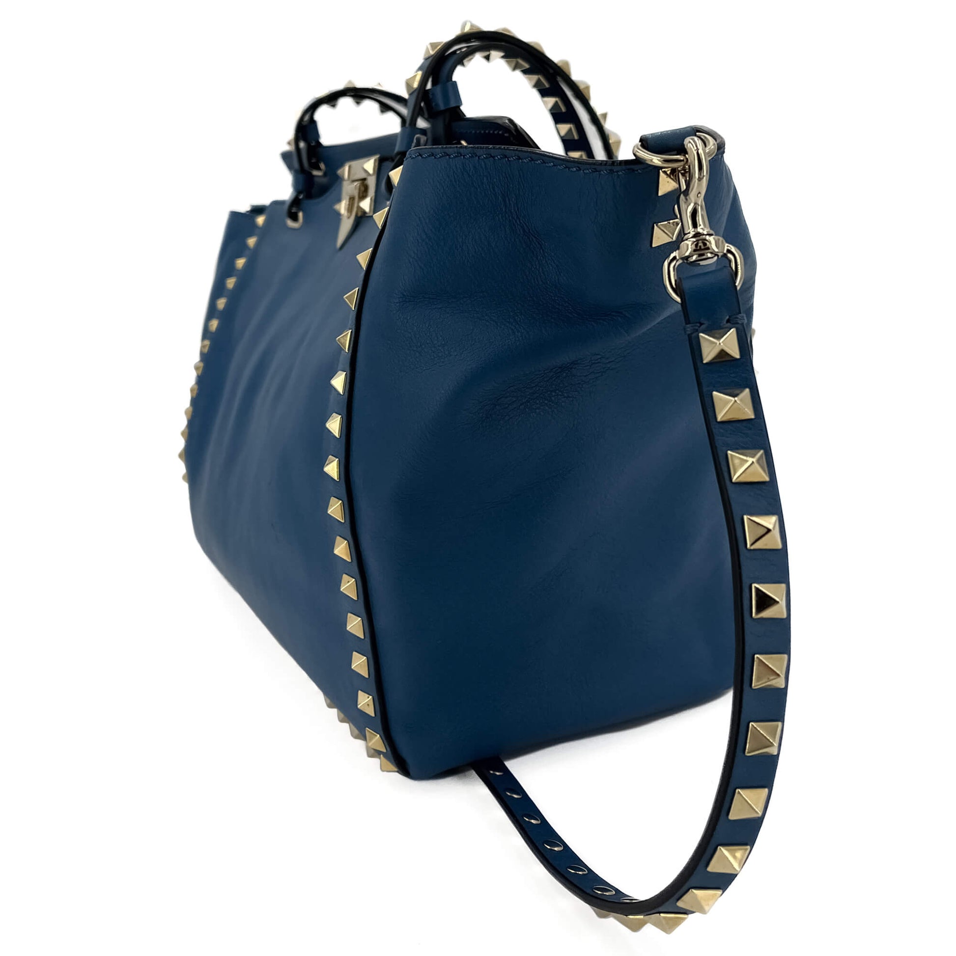 Second hand Valentino Garavani Rockstud Medium Calfskin Leather 2 - Ways Tote Bag Blue - Tabita Bags