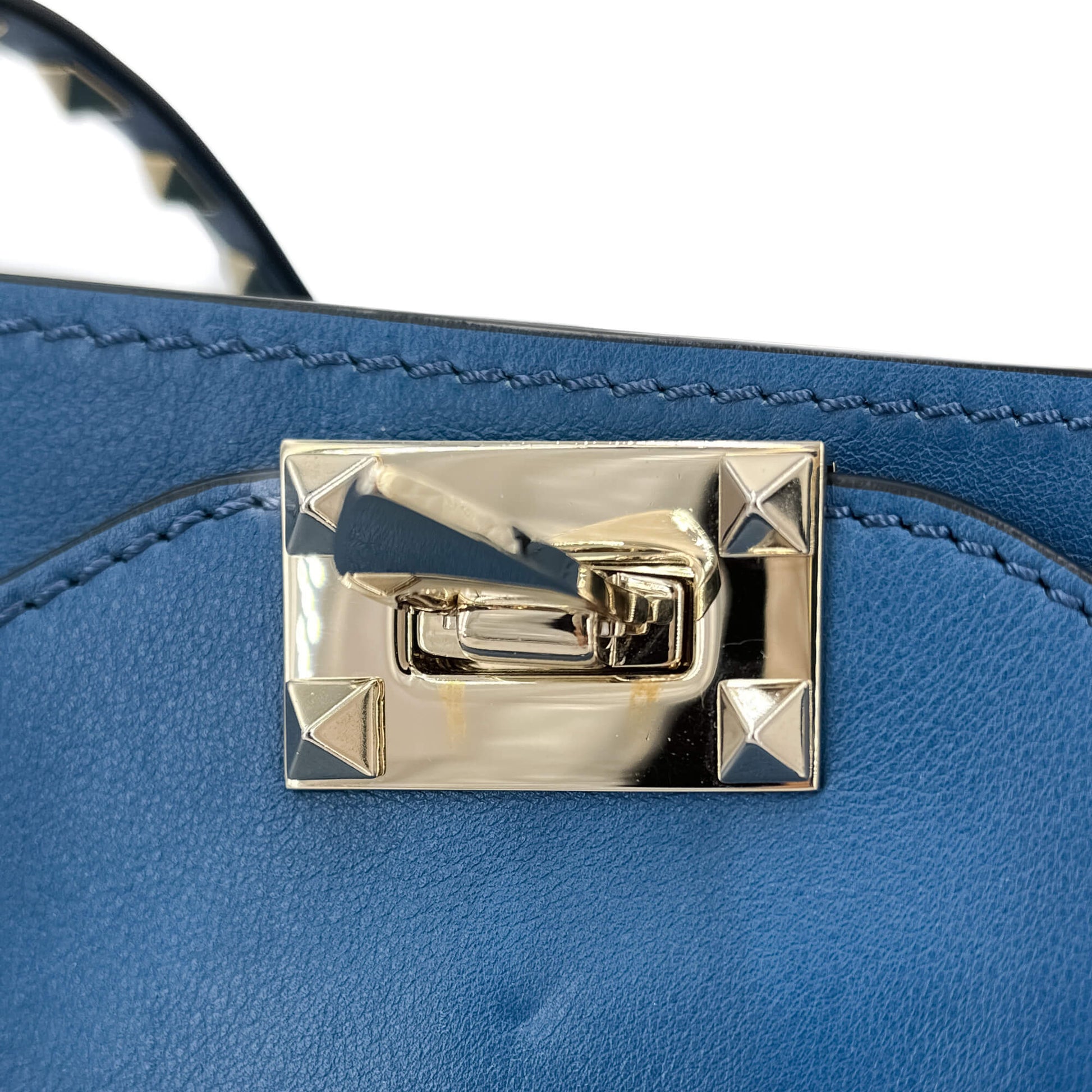 Second hand Valentino Garavani Rockstud Medium Calfskin Leather 2 - Ways Tote Bag Blue - Tabita Bags