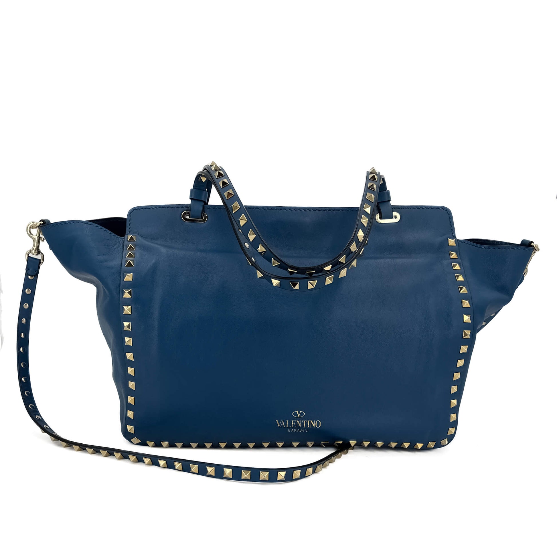 Second hand Valentino Garavani Rockstud Medium Calfskin Leather 2 - Ways Tote Bag Blue - Tabita Bags