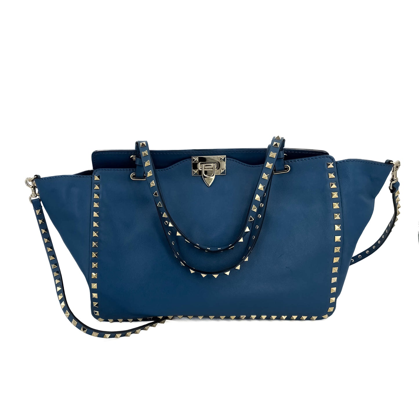 Second hand Valentino Garavani Rockstud Medium Calfskin Leather 2 - Ways Tote Bag Blue - Tabita Bags