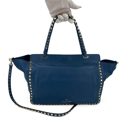 Second hand Valentino Garavani Rockstud Medium Calfskin Leather 2 - Ways Tote Bag Blue - Tabita Bags