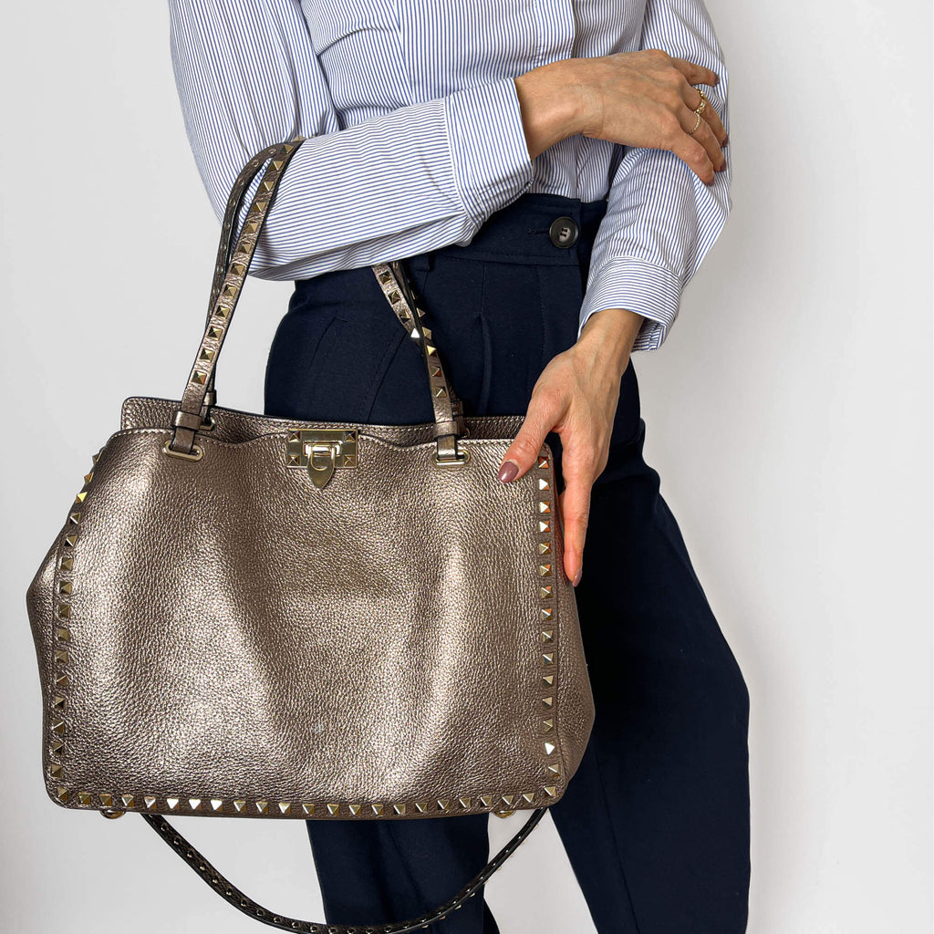 Second hand Valentino Garavani Rockstud Medium Calfskin Leather 2 - Ways Tote Bag Metallic - Tabita Bags