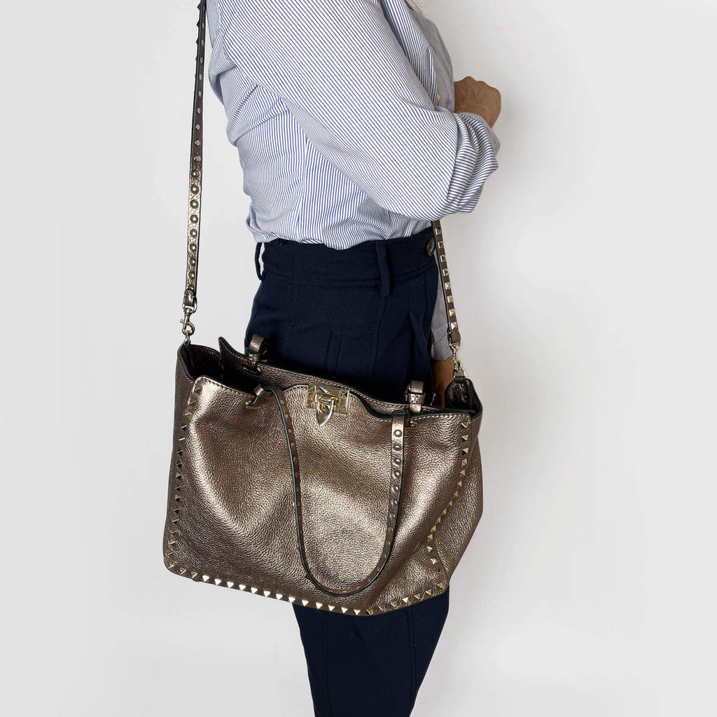 Second hand Valentino Garavani Rockstud Medium Calfskin Leather 2 - Ways Tote Bag Metallic - Tabita Bags