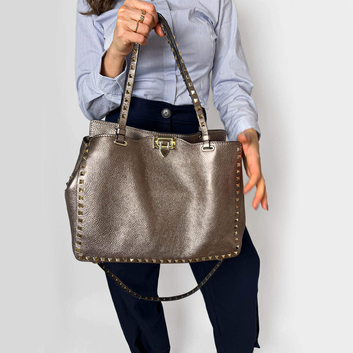 Second hand Valentino Garavani Rockstud Medium Calfskin Leather 2 - Ways Tote Bag Metallic - Tabita Bags