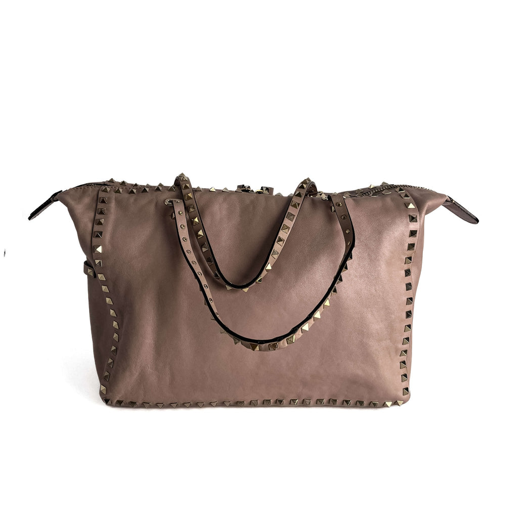 Second hand Valentino Garavani Rockstud Medium Calfskin Leather Tote Shoulder Bag Dust Pink - Tabita Bags