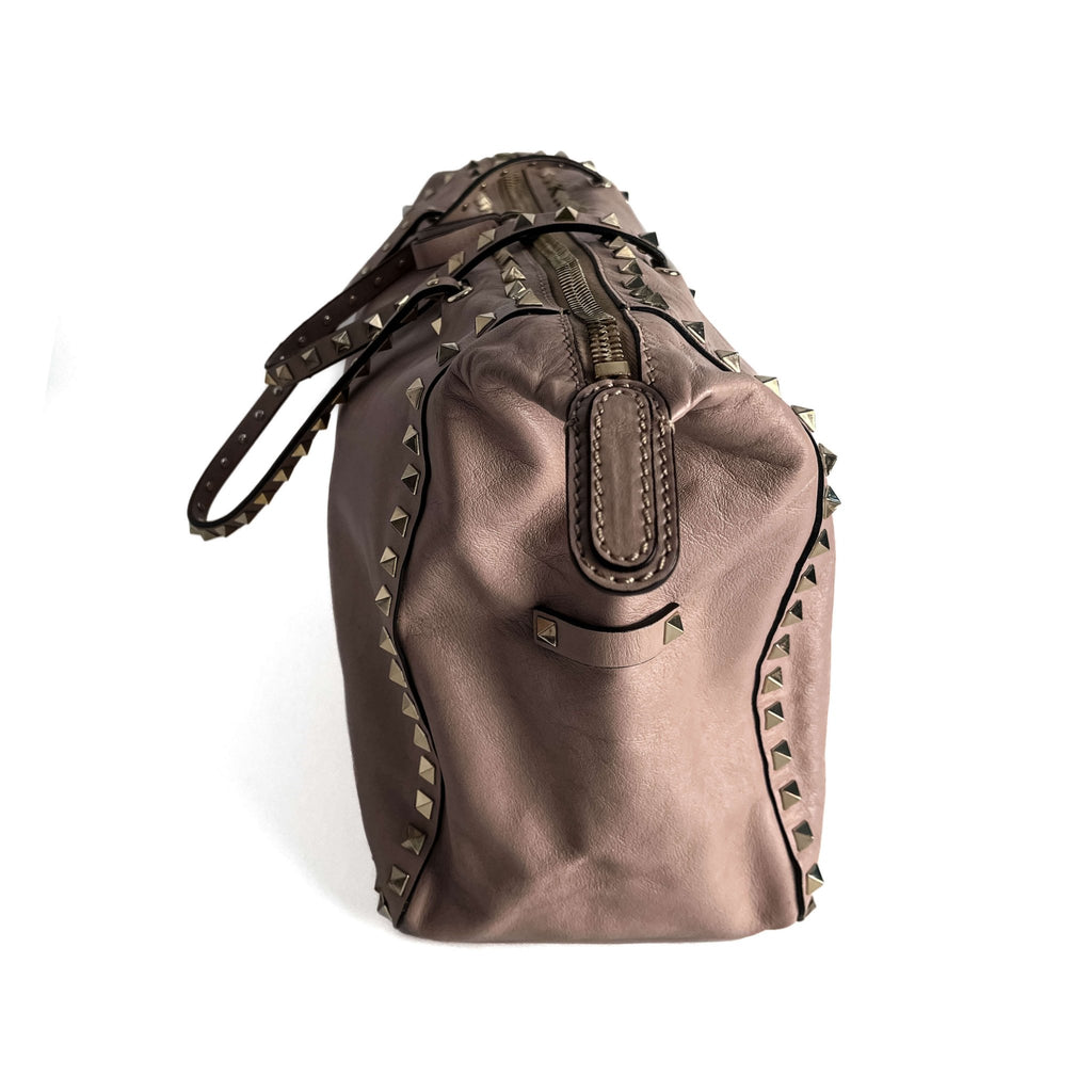 Second hand Valentino Garavani Rockstud Medium Calfskin Leather Tote Shoulder Bag Dust Pink - Tabita Bags