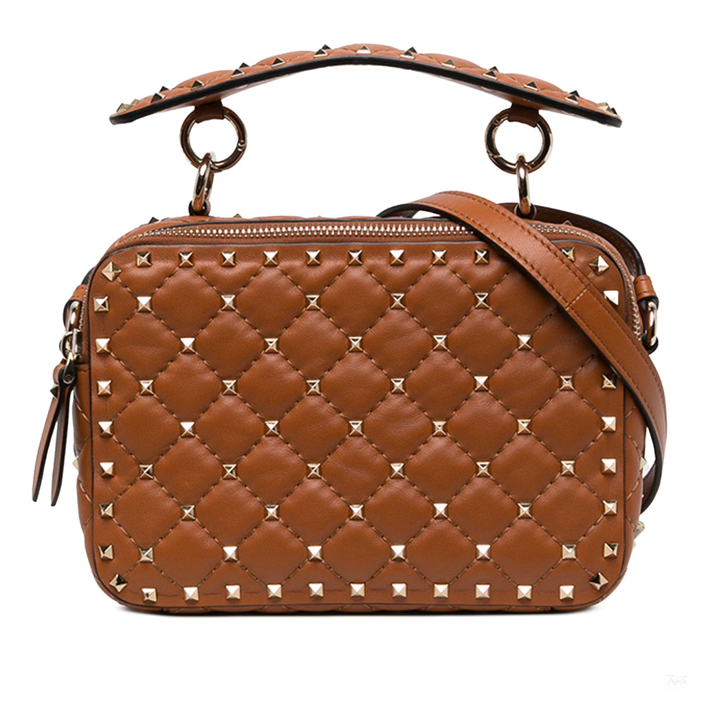 Second hand Valentino Garavani Rockstud Spike Lambskin Double Zip Camera Crossbody Brown - Tabita Bags