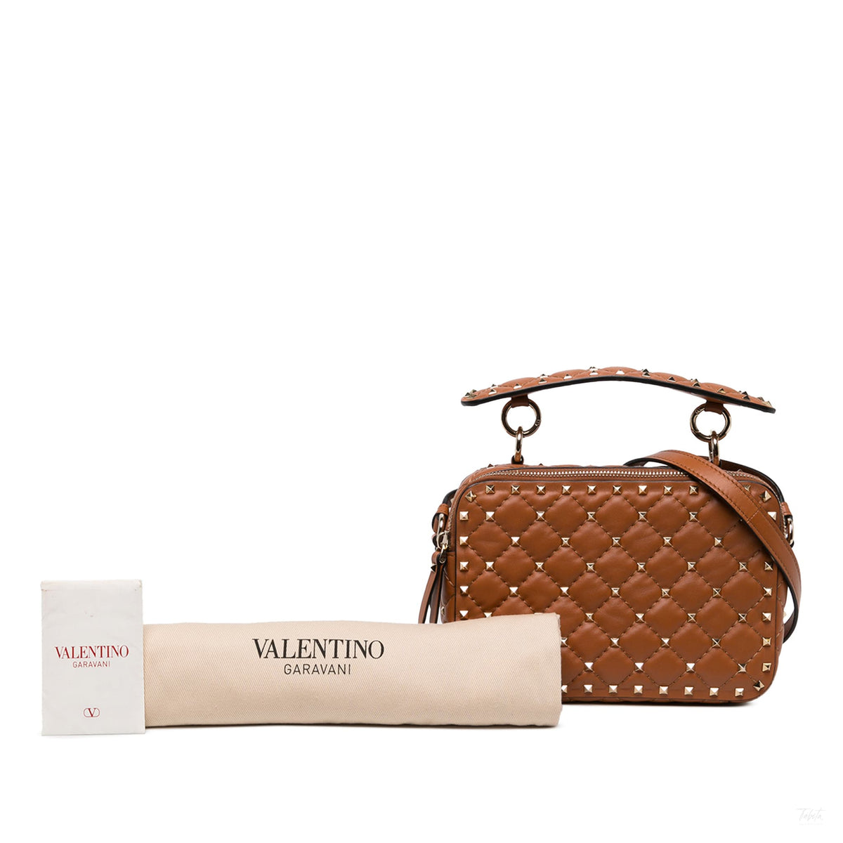 Second hand Valentino Garavani Rockstud Spike Lambskin Double Zip Camera Crossbody Brown - Tabita Bags