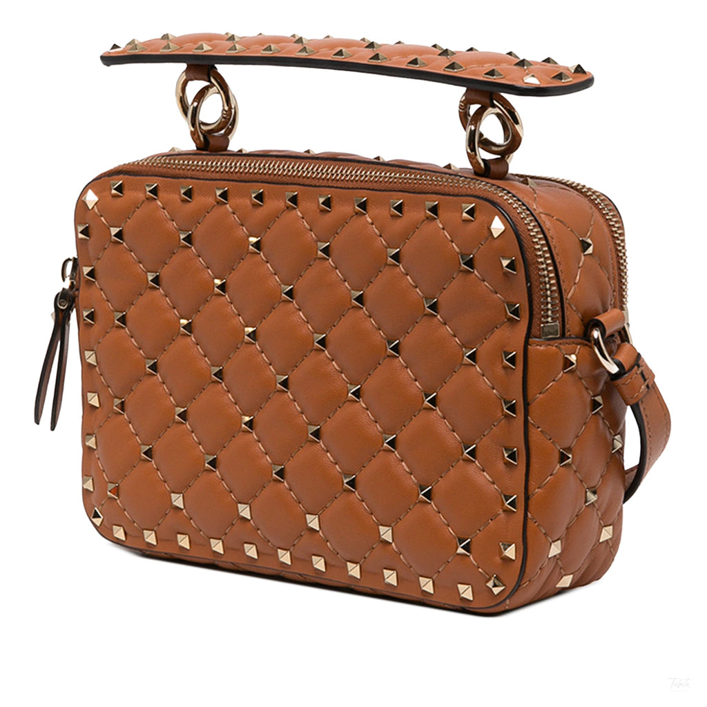 Second hand Valentino Garavani Rockstud Spike Lambskin Double Zip Camera Crossbody Brown - Tabita Bags