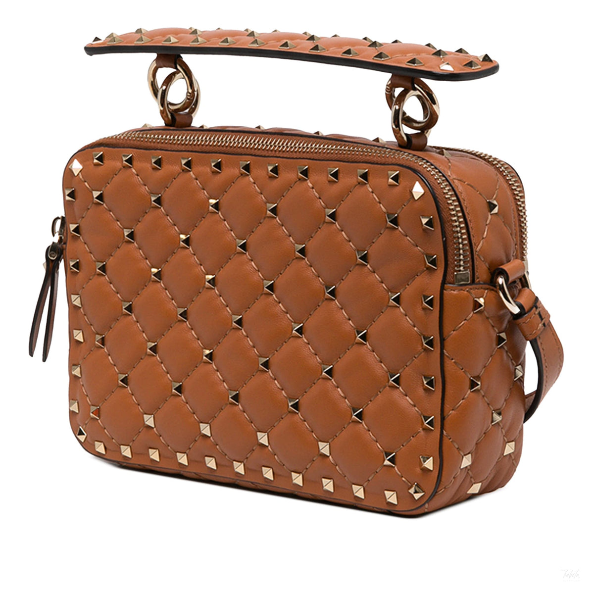 Second hand Valentino Garavani Rockstud Spike Lambskin Double Zip Camera Crossbody Brown - Tabita Bags