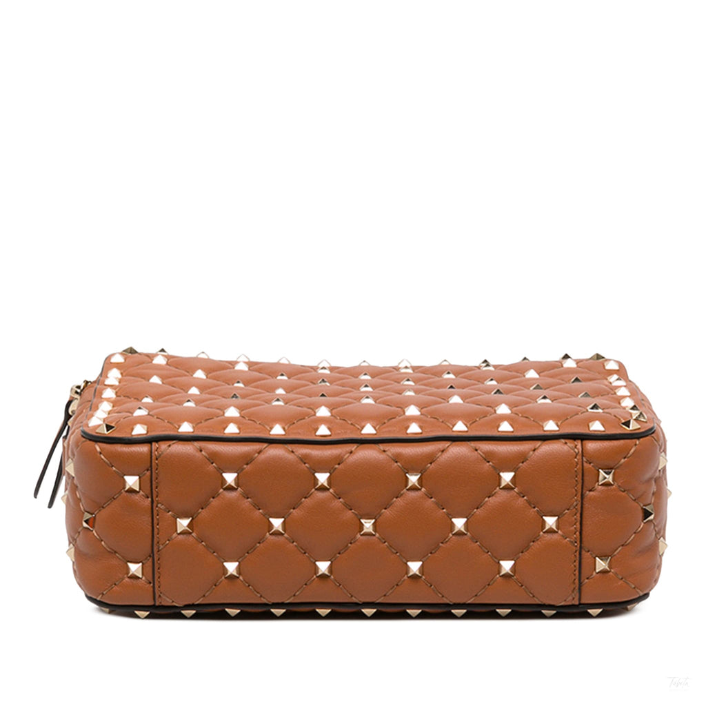 Second hand Valentino Garavani Rockstud Spike Lambskin Double Zip Camera Crossbody Brown - Tabita Bags