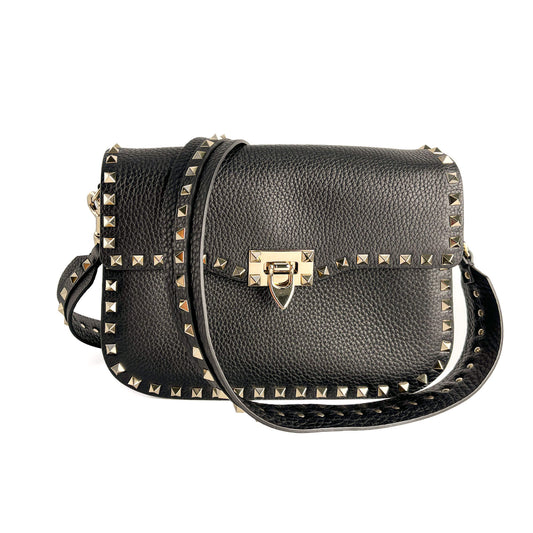 Second hand Valentino Garavani Rockstud Spike Medium Calfskin Leather Flap Crossbody Black - Tabita Bags