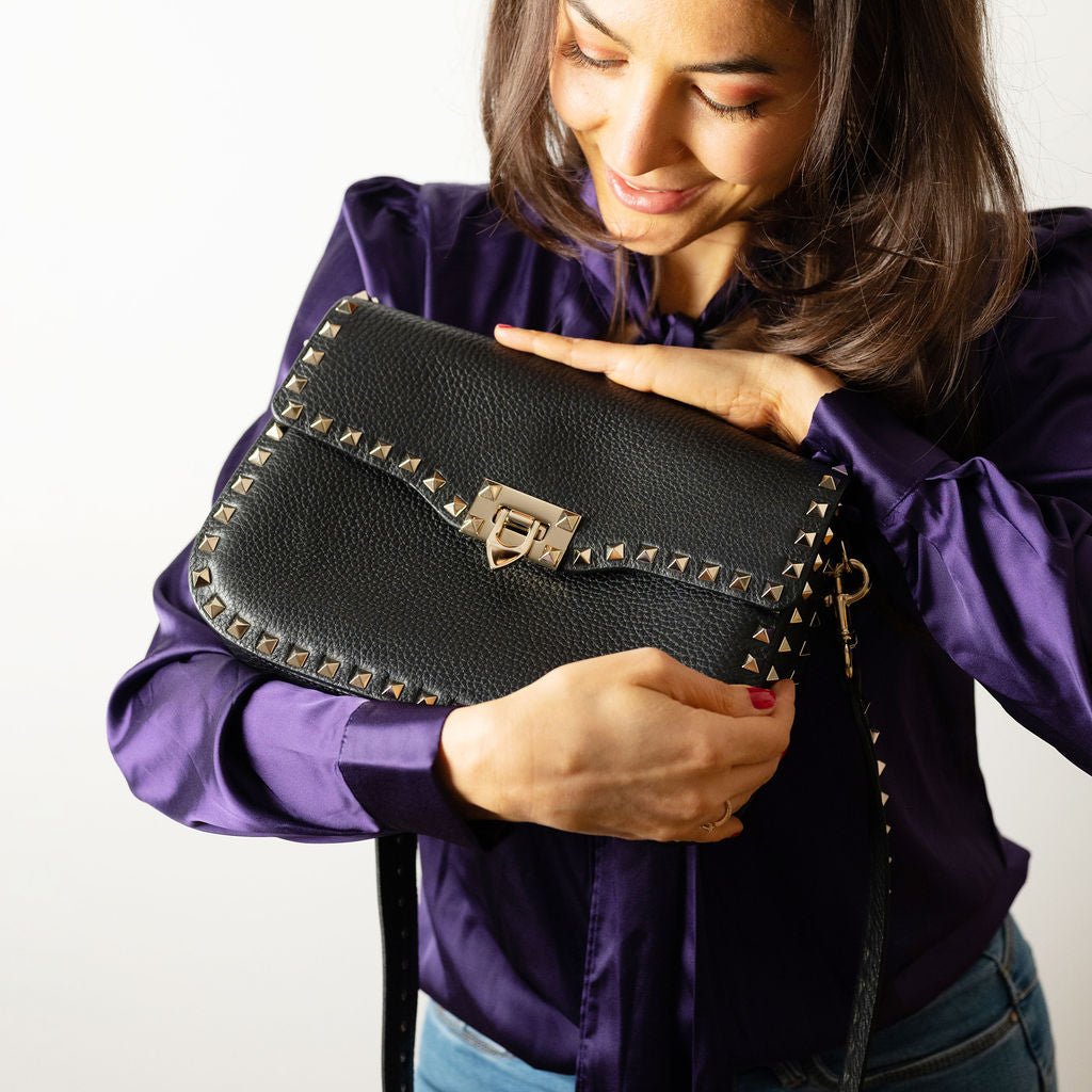 Second hand Valentino Garavani Rockstud Spike Medium Calfskin Leather Flap Crossbody Black - Tabita Bags