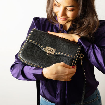 Second hand Valentino Garavani Rockstud Spike Medium Calfskin Leather Flap Crossbody Black - Tabita Bags