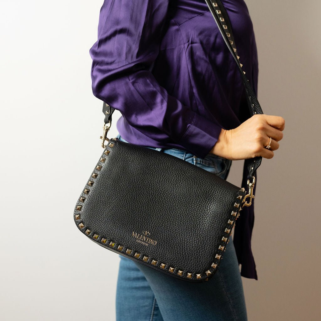 Second hand Valentino Garavani Rockstud Spike Medium Calfskin Leather Flap Crossbody Black - Tabita Bags