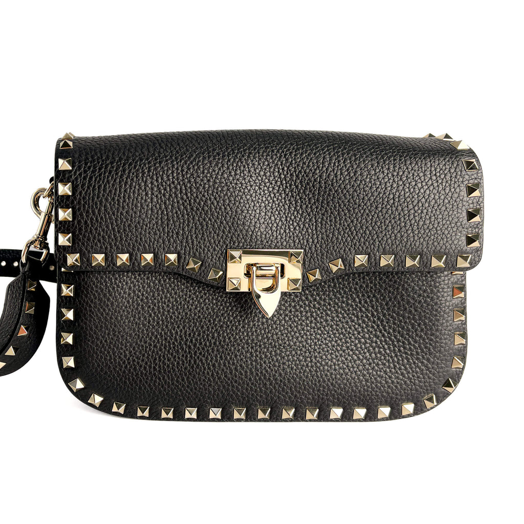 Second hand Valentino Garavani Rockstud Spike Medium Calfskin Leather Flap Crossbody Black - Tabita Bags