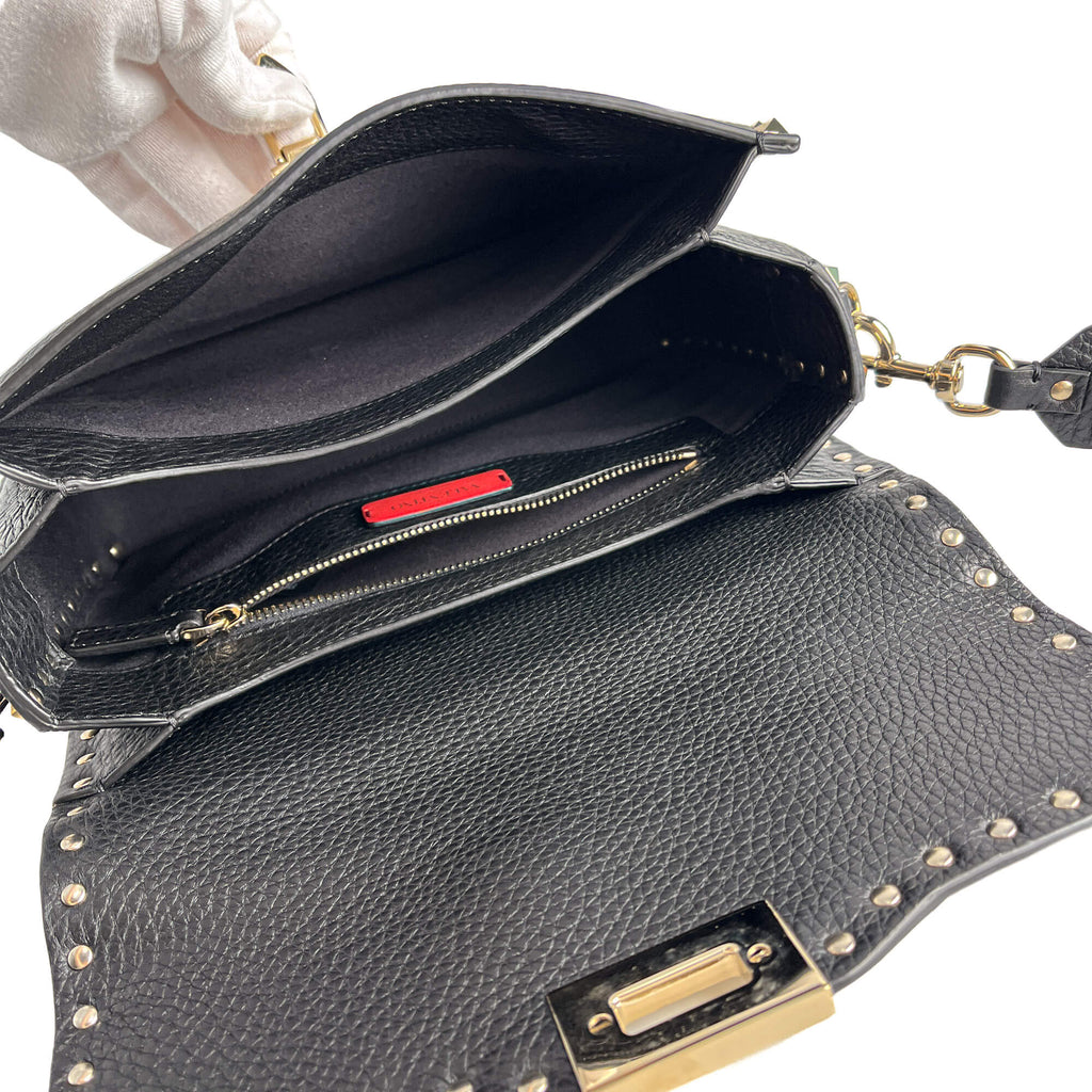 Second hand Valentino Garavani Rockstud Spike Medium Calfskin Leather Flap Crossbody Black - Tabita Bags