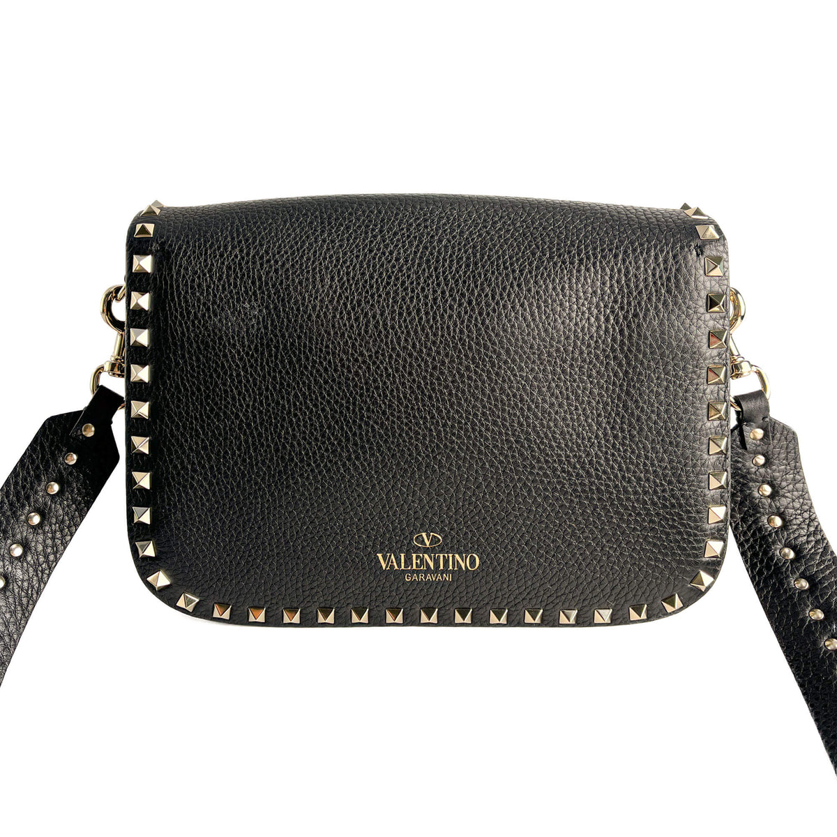 Second hand Valentino Garavani Rockstud Spike Medium Calfskin Leather Flap Crossbody Black - Tabita Bags