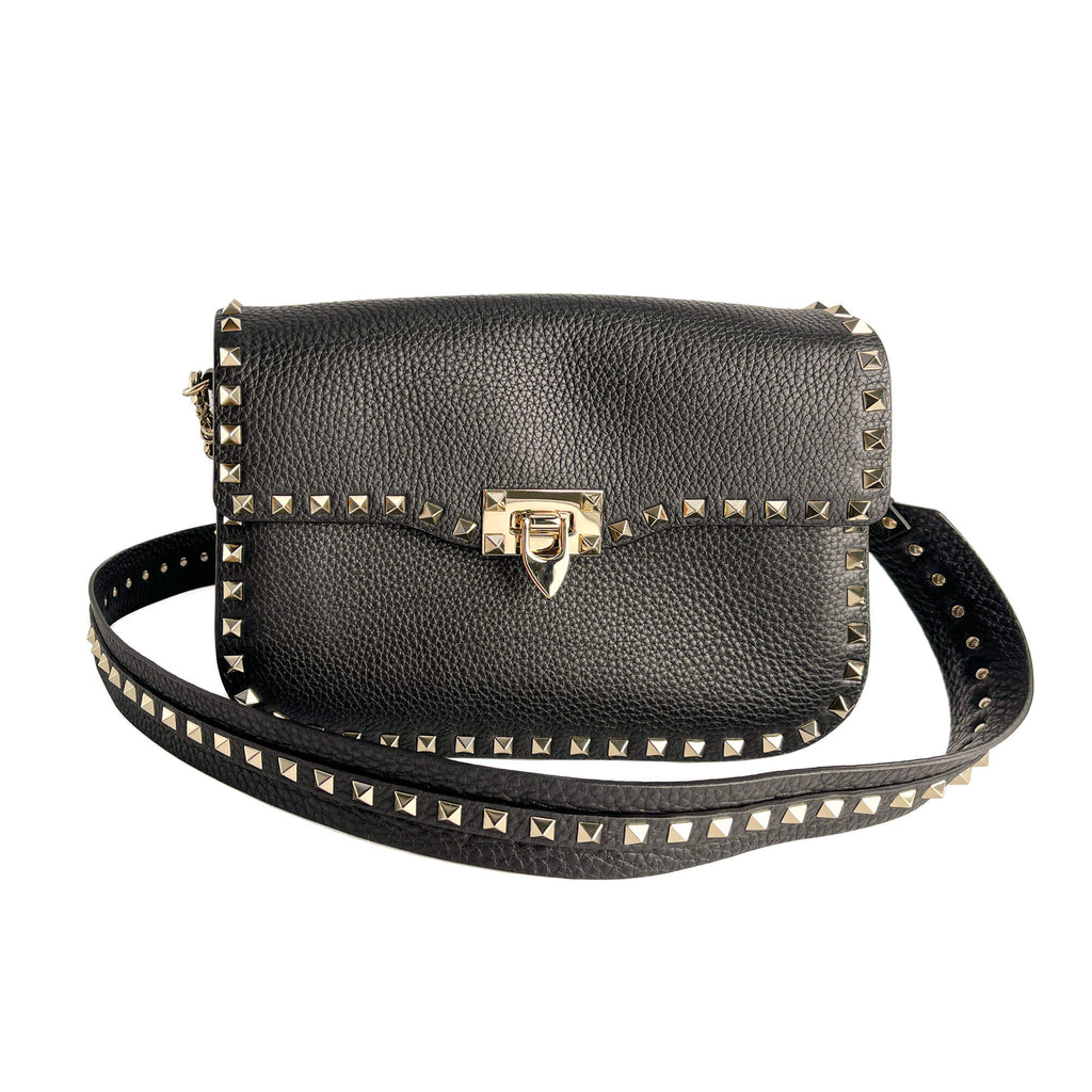 Second hand Valentino Garavani Rockstud Spike Medium Calfskin Leather Flap Crossbody Black - Tabita Bags