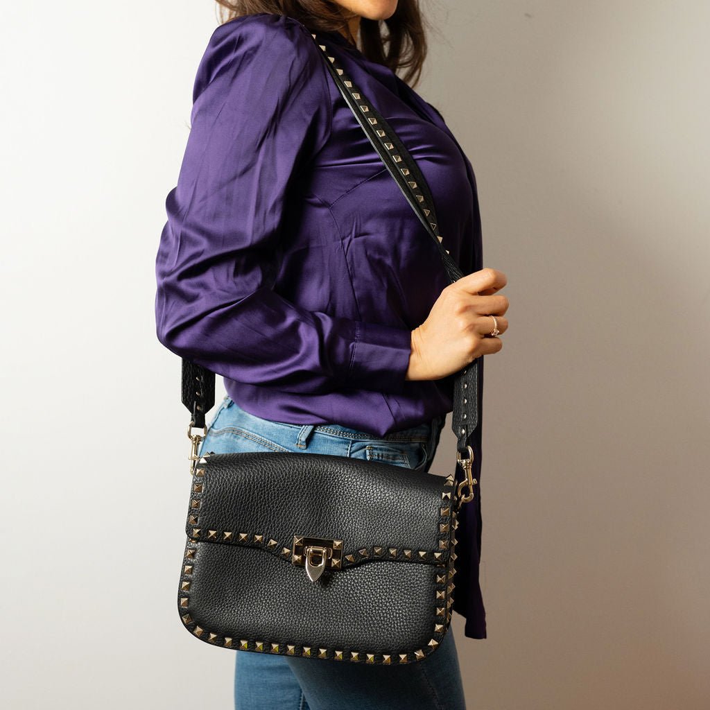 Second hand Valentino Garavani Rockstud Spike Medium Calfskin Leather Flap Crossbody Black - Tabita Bags