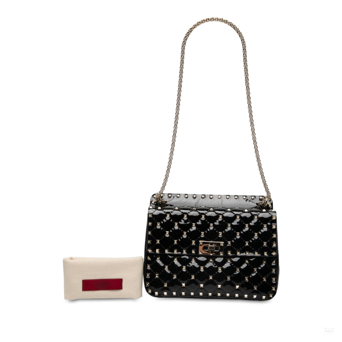 Second hand Valentino Garavani Rockstud Spike Medium Patent Leather Flap Crossbody Black - Tabita Bags
