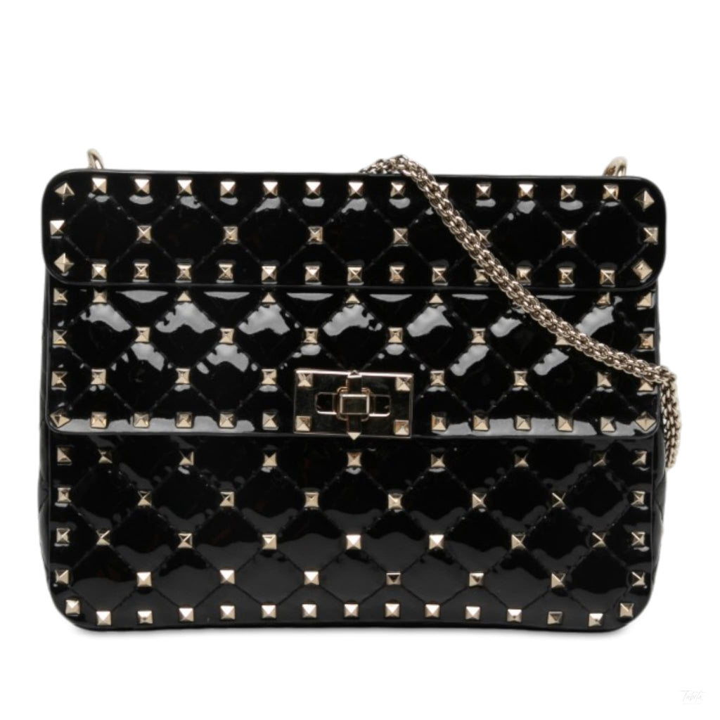 Second hand Valentino Garavani Rockstud Spike Medium Patent Leather Flap Crossbody Black - Tabita Bags