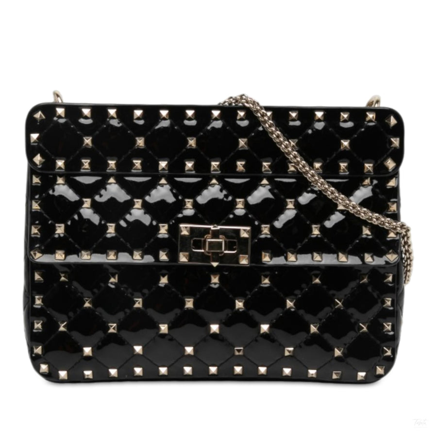 Second hand Valentino Garavani Rockstud Spike Medium Patent Leather Flap Crossbody Black - Tabita Bags