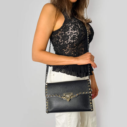Second hand Valentino Garavani Rockstud Spike Small Calfskin Leather Flap Crossbody Black - Tabita Bags