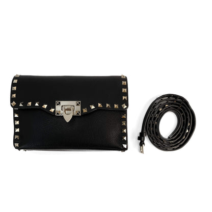 Second hand Valentino Garavani Rockstud Spike Small Calfskin Leather Flap Crossbody Black - Tabita Bags