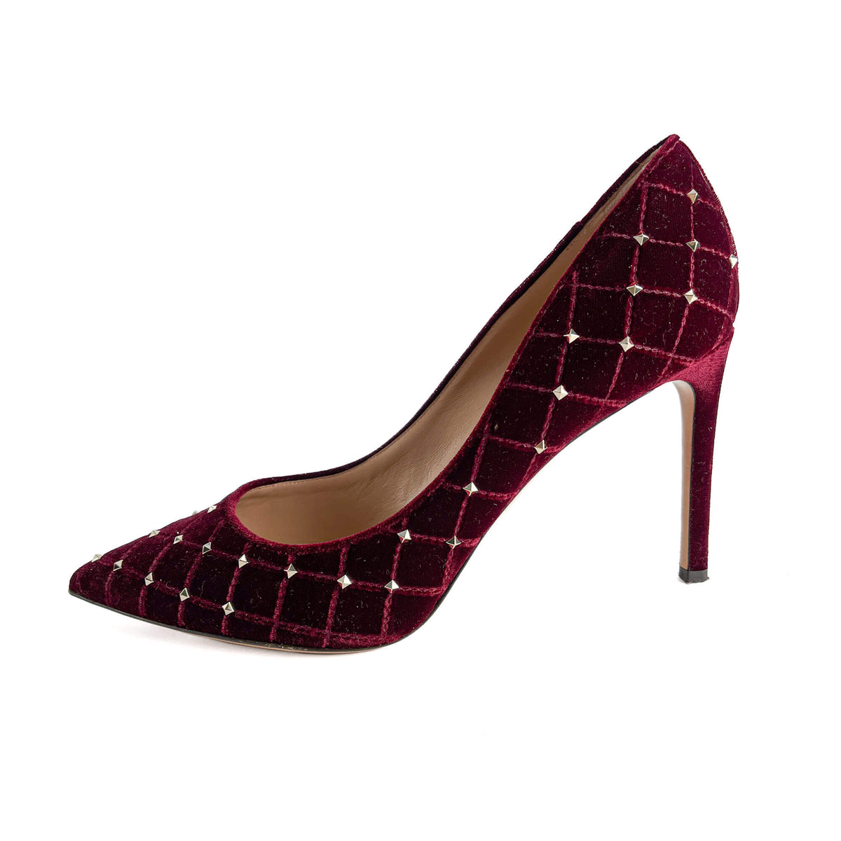 Second hand Valentino Garavani Rockstud Spike Velvet Pump 41.5 Burgundy - Tabita Bags