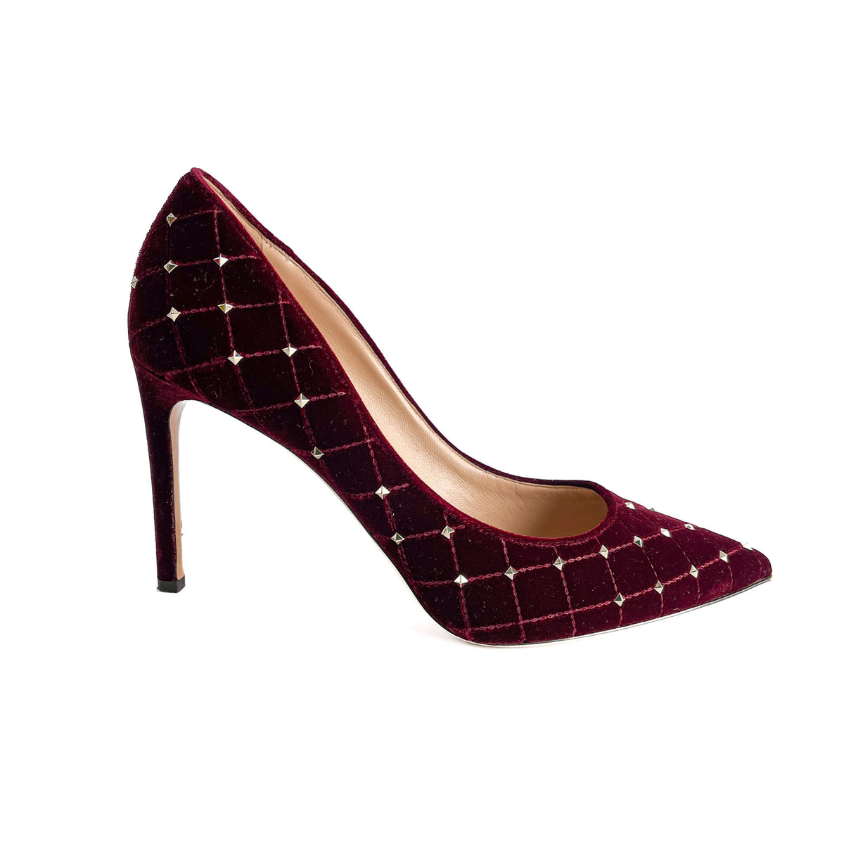 Second hand Valentino Garavani Rockstud Spike Velvet Pump 41.5 Burgundy - Tabita Bags