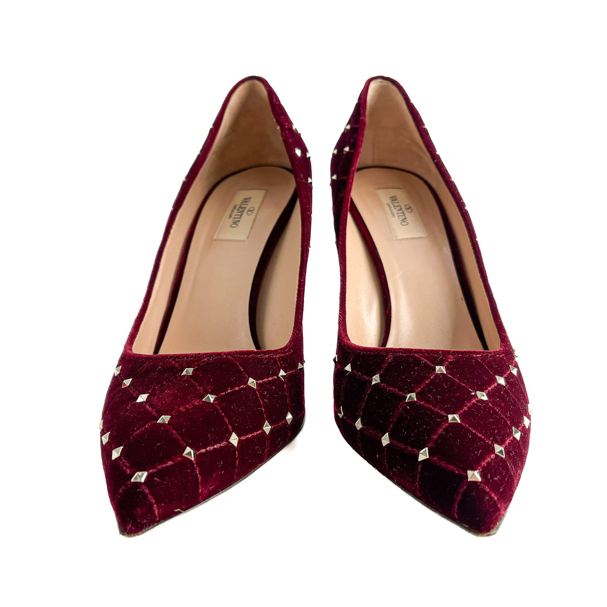Second hand Valentino Garavani Rockstud Spike Velvet Pump 41.5 Burgundy - Tabita Bags