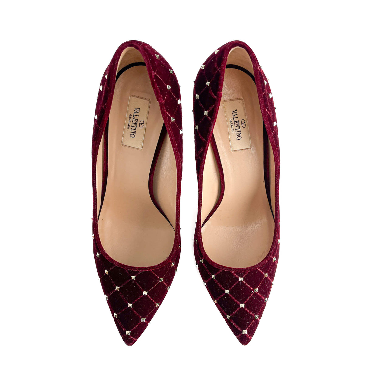 Second hand Valentino Garavani Rockstud Spike Velvet Pump 41.5 Burgundy - Tabita Bags