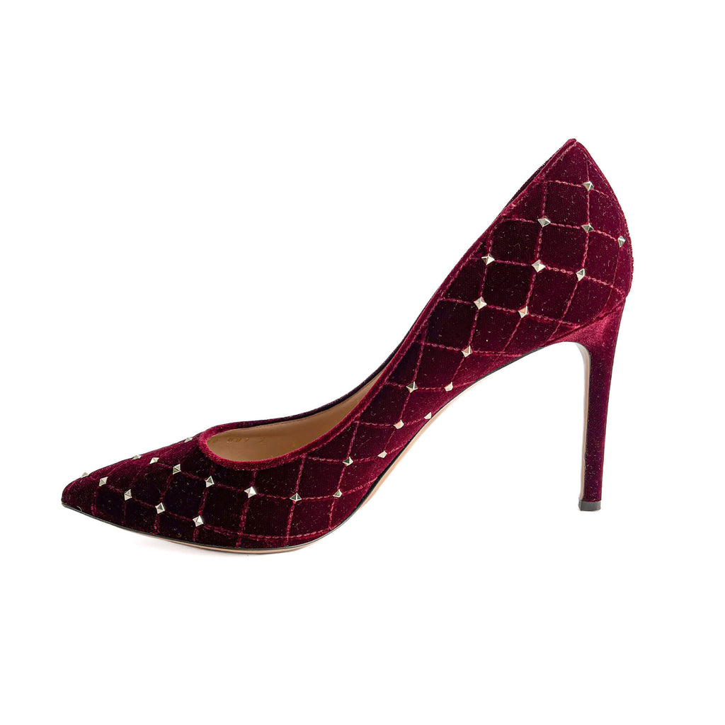 Second hand Valentino Garavani Rockstud Spike Velvet Pump 41.5 Burgundy - Tabita Bags
