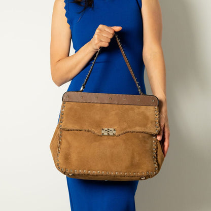 Second hand Valentino Garavani Rockstud Winter Medium Suede & Shearling Tote Shoulder Bag Caramel - Tabita Bags