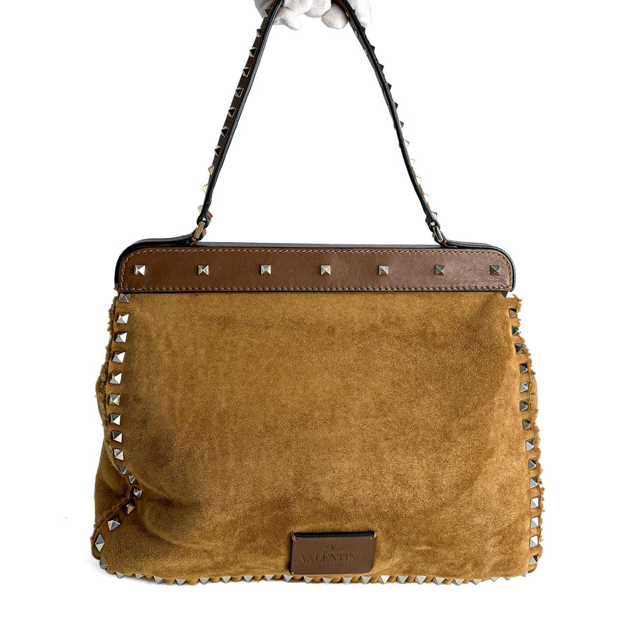 Second hand Valentino Garavani Rockstud Winter Medium Suede & Shearling Tote Shoulder Bag Caramel - Tabita Bags
