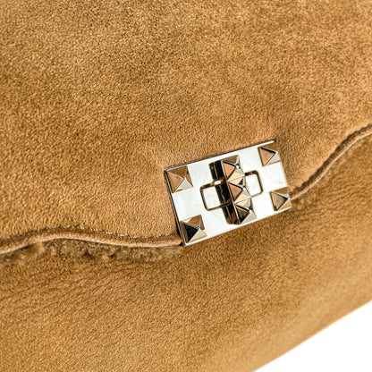 Second hand Valentino Garavani Rockstud Winter Medium Suede & Shearling Tote Shoulder Bag Caramel - Tabita Bags