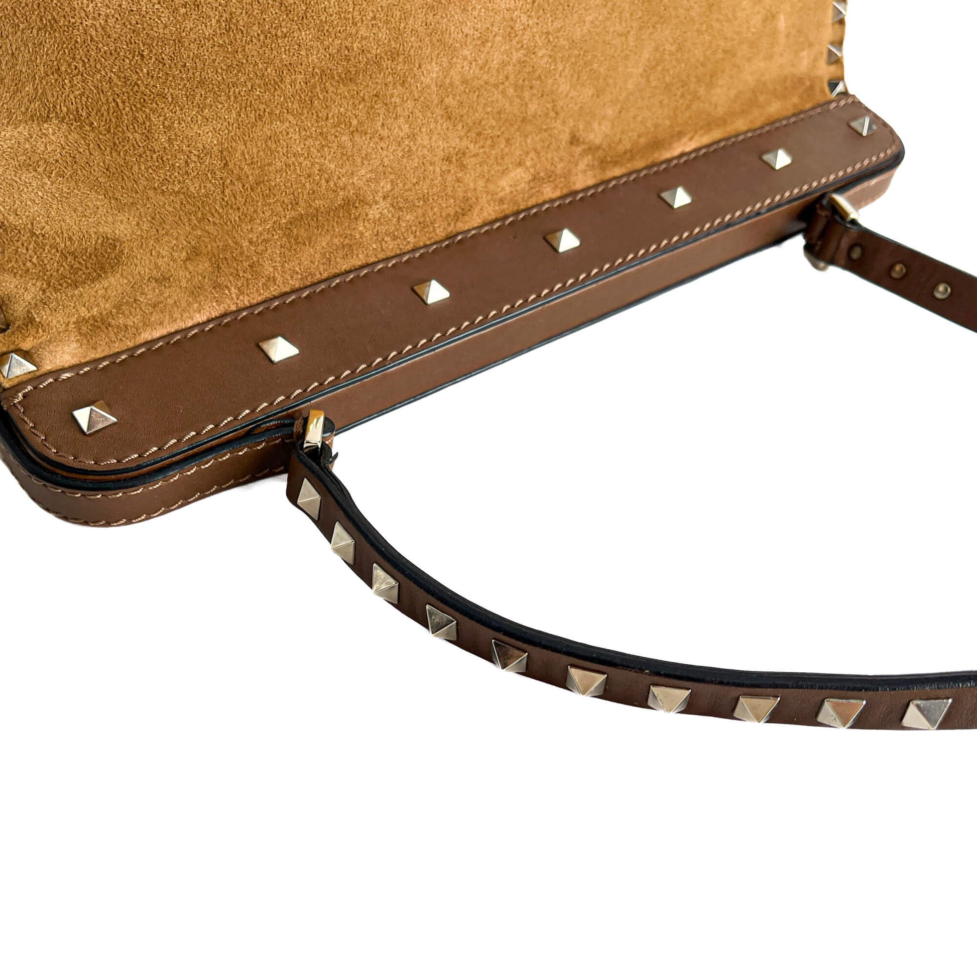 Second hand Valentino Garavani Rockstud Winter Medium Suede & Shearling Tote Shoulder Bag Caramel - Tabita Bags