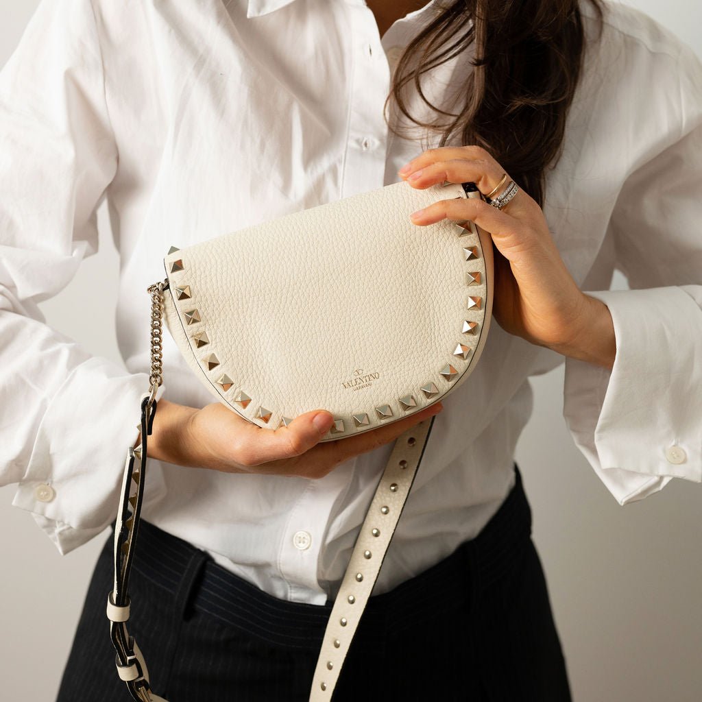 Second hand Valentino Garavani Rockstuds Leather Saddle Bag Beige - Tabita Bags