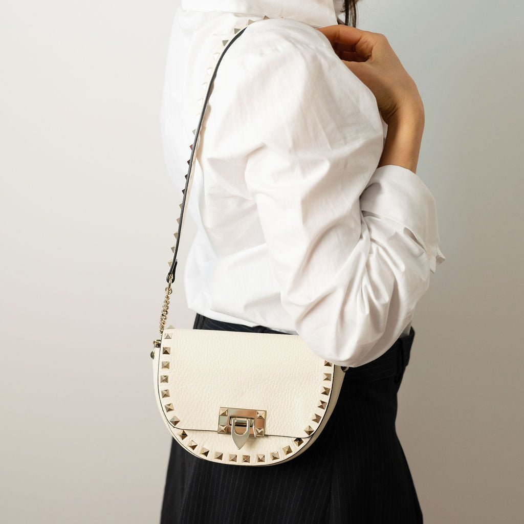 Second hand Valentino Garavani Rockstuds Leather Saddle Bag Beige - Tabita Bags