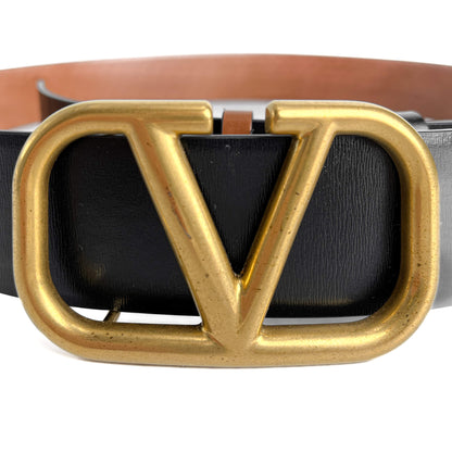 Second hand Valentino Garavani VLOGO Calfskin Leather Reversible Wide Belt 95/38 Black - Tabita Bags
