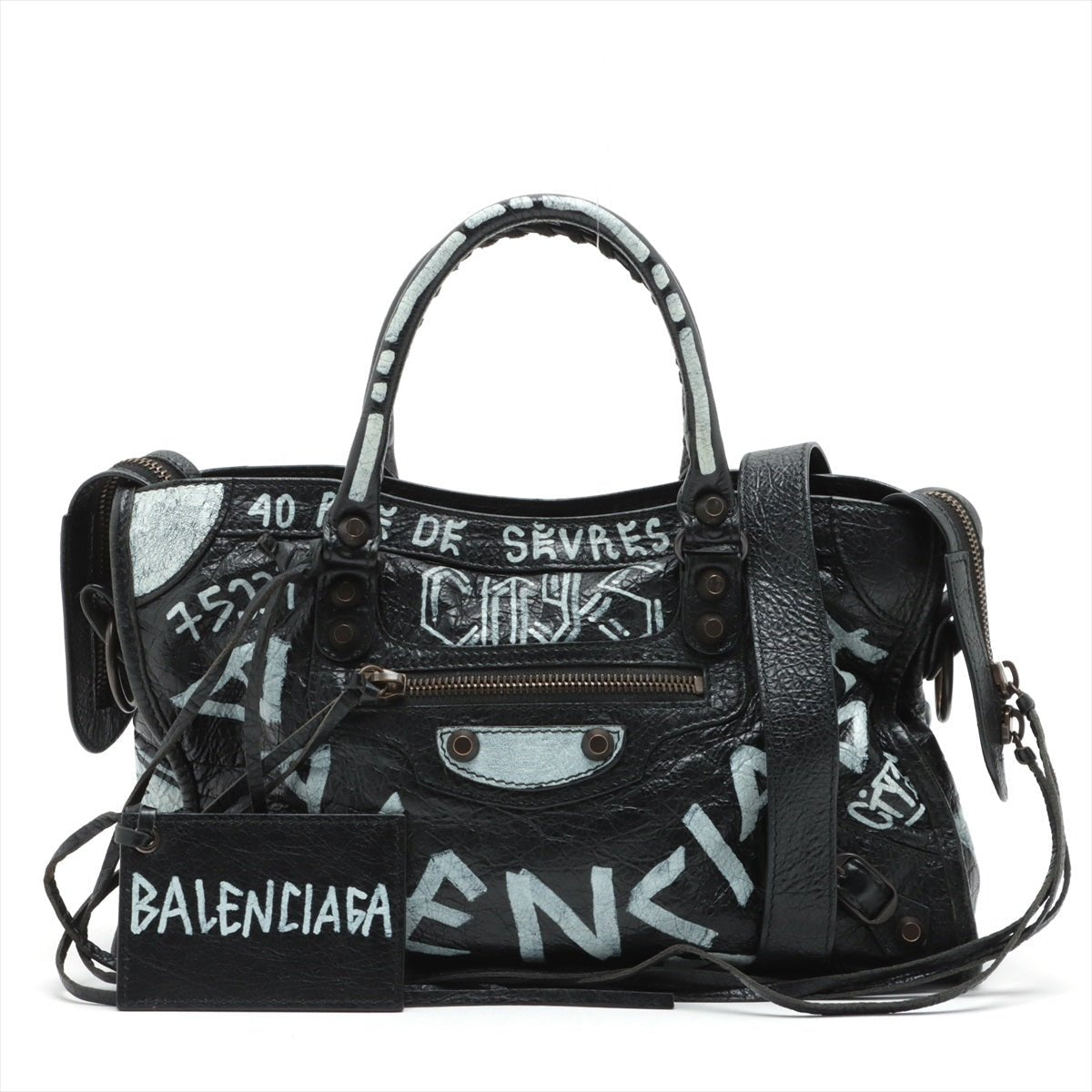 Second hand Balenciaga City Graffiti Classic Small Leather 2-Way Handbag Black - Tabita Bags