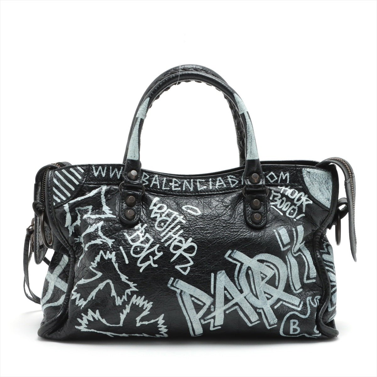 Second hand Balenciaga City Graffiti Classic Small Leather 2-Way Handbag Black - Tabita Bags